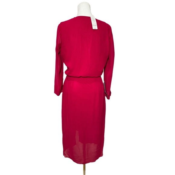 NWT Bebe Womens Raspberry Pink Chiffon Faux Wrap Midi Dress 3/4 Sleeve Size 4 - Picture 6 of 16